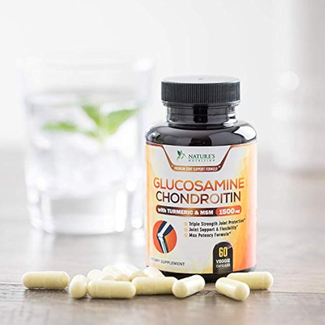 Glucosamina con suplemento de condroitina cúrcuma MSM, triple fuerza estandarizada 1500 mg con boswellia y bromelina, fabricado en Estados Unidos, para un apoyo y comodidad saludables en las articulaciones, 60 cápsulas