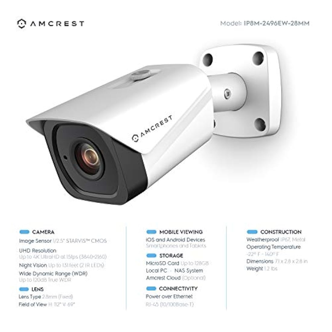 Cámara IP de exterior Bullet POE, Amcrest UltraHD 4K (8MP)