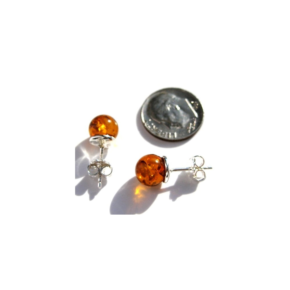 Aretes de bola pequeños de ámbar miel y plata
