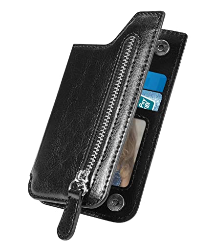 TopFunny Cartera adhesiva para funda de teléfono, tarjetero adhesivo de crédito para la parte posterior de las fundas del teléfono, funda de cuero con cremallera, compatible con iPhone, Samsung Galaxy la mayoría de los smartphones, color negro