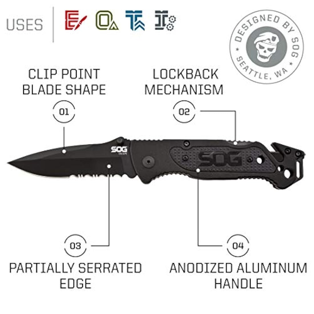 Cuchillo plegable corta correas y rompecristales integrados