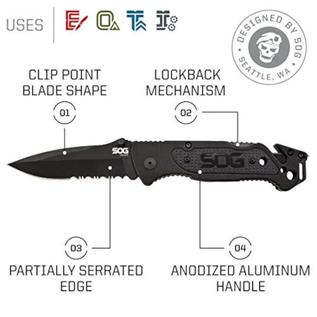 Cuchillo plegable corta correas y rompecristales integrados