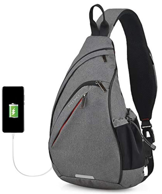 Morral de poliester con puerto USB color Gris y negro. Hanke