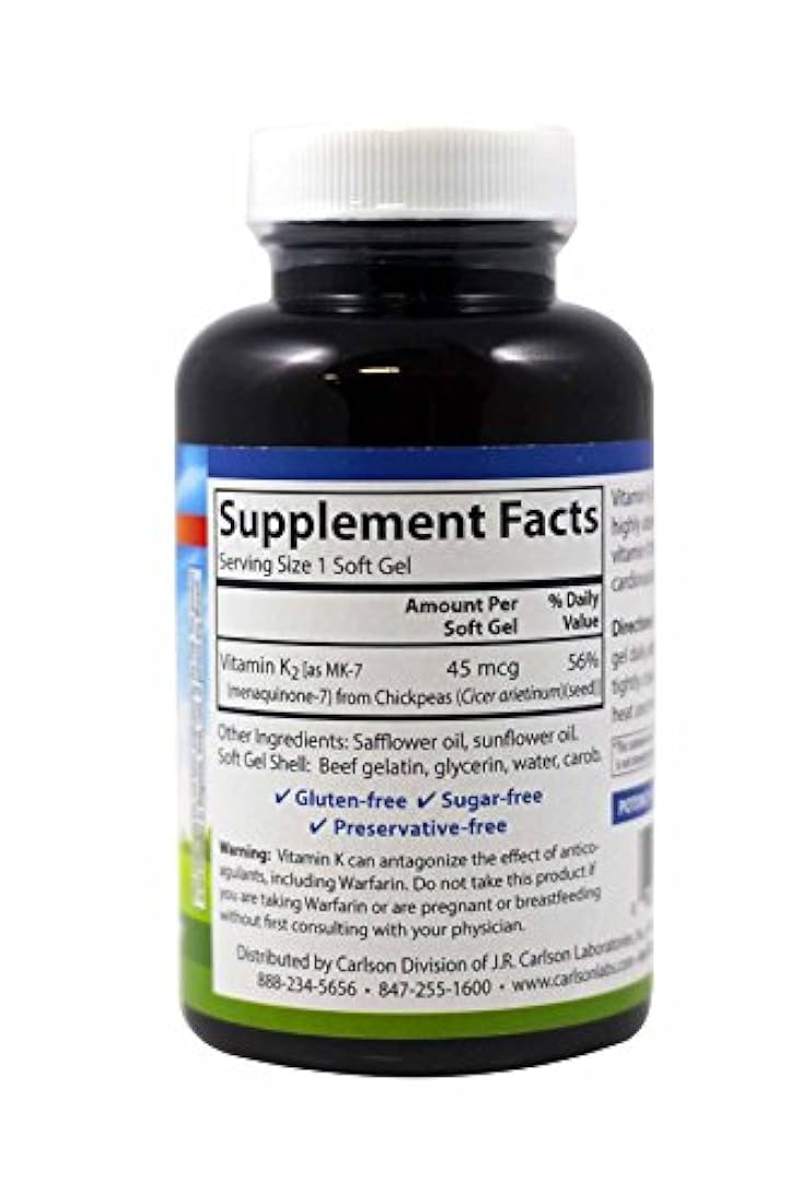 Carlson Labs Vitamina K2-7 45 MCG Suplemento Mineral Softgels, 180 unidades