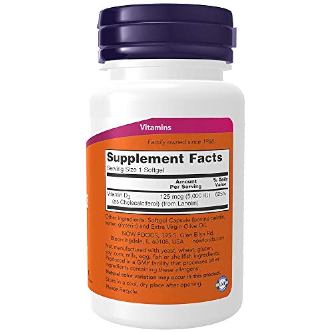 Complejo vitamínico Now Foods, Vitamina D3 5000 UI, 120