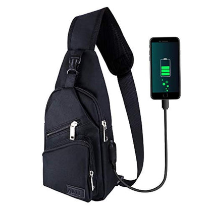 Morral cruzado con cable USB para senderismo Negro, Amj