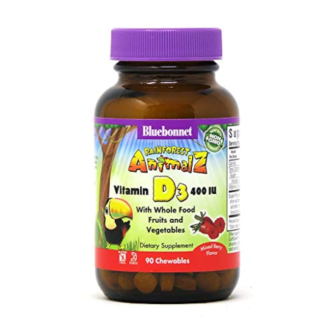 Bluebonnet Nutrition Rainforest Animalz Vitamina D3 400 IU Masticable Tableta, libre de soja, sin gluten, sin OMG, certificado Kosher, sin lácteos, vegetariano, 90 comprimidos, 90 porciones de sabor a bayas mixtas