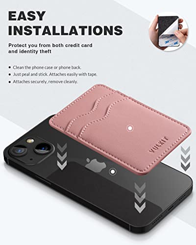 VULKIT Portatarjetas de teléfono de piel delgada con bolsillo adhesivo RFID bloqueo de tarjetas de crédito, pegatina para la parte posterior del smartphone, Rosa
