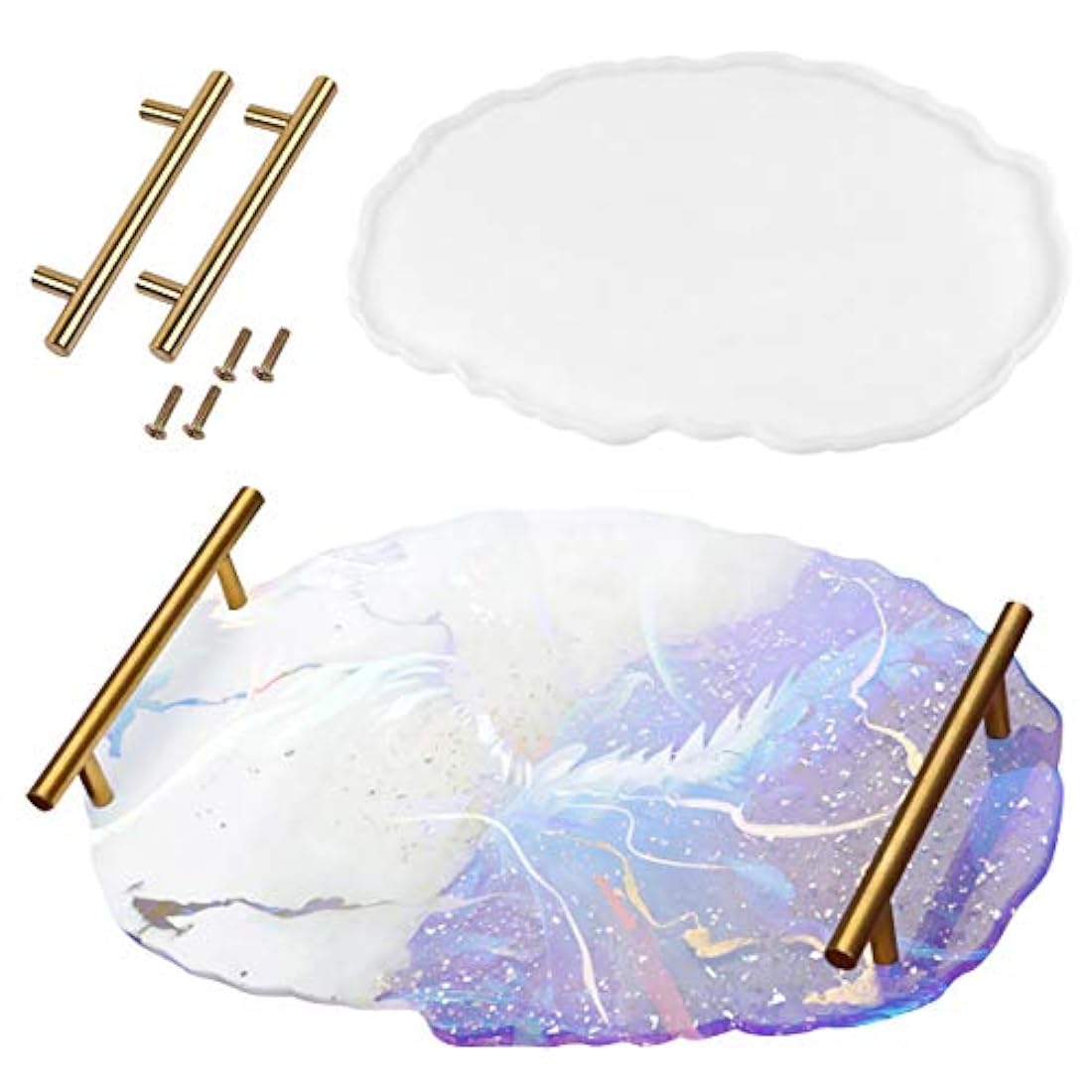 Silicone Resin Tray Molds, BENBO Irregular Oval Coasters Resin Art DIY Tray Mould with 2 Metal Gold Handles, Epoxy Resin Casting Molds for Making Faux Agate Tray Serving Board Fruit Tray Home Decor