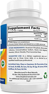Best Naturals Biotina (también llamada vitamina B7), 10.000 mcg, 365 días de suministro (1 año de suministro), 365 tabletas