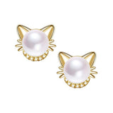 Pendientes de gato chapados en oro de plata de ley con perla