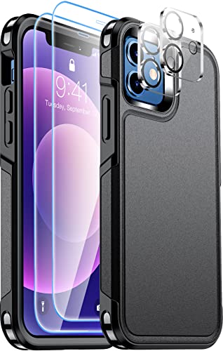 Funda resistente a prueba de golpes para iPhone 12/12 Pro, con [2 protectores de pantalla de vidrio + 2 protectores de lente de cámara, a prueba de polvo] [a prueba de caídas] [resistente y resistente protección de cuerpo completo] - Negro