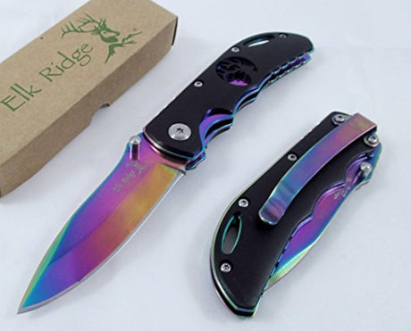Cuchillo Elk Ridge Rainbow con marco negro overlay con alces cutout cuchillo