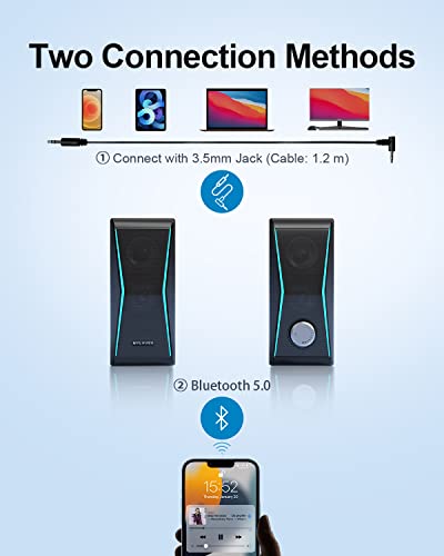 Altavoces de computadora, altavoces estéreo de alta fidelidad con USB, altavoces de computadora RGB dinámicos para escritorio, conexión auxiliar Bluetooth de 5.0 y 0.138&nbsp;in, 4 unidades de altavoz doble magnético y 2 diafragmas de graves extra