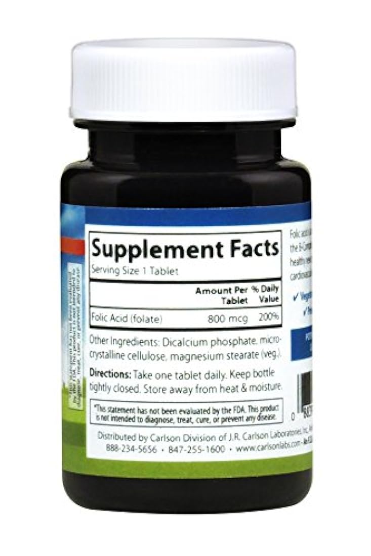 Carlson Labs Ácido fólico, 800 mcg, 088395026638, 1