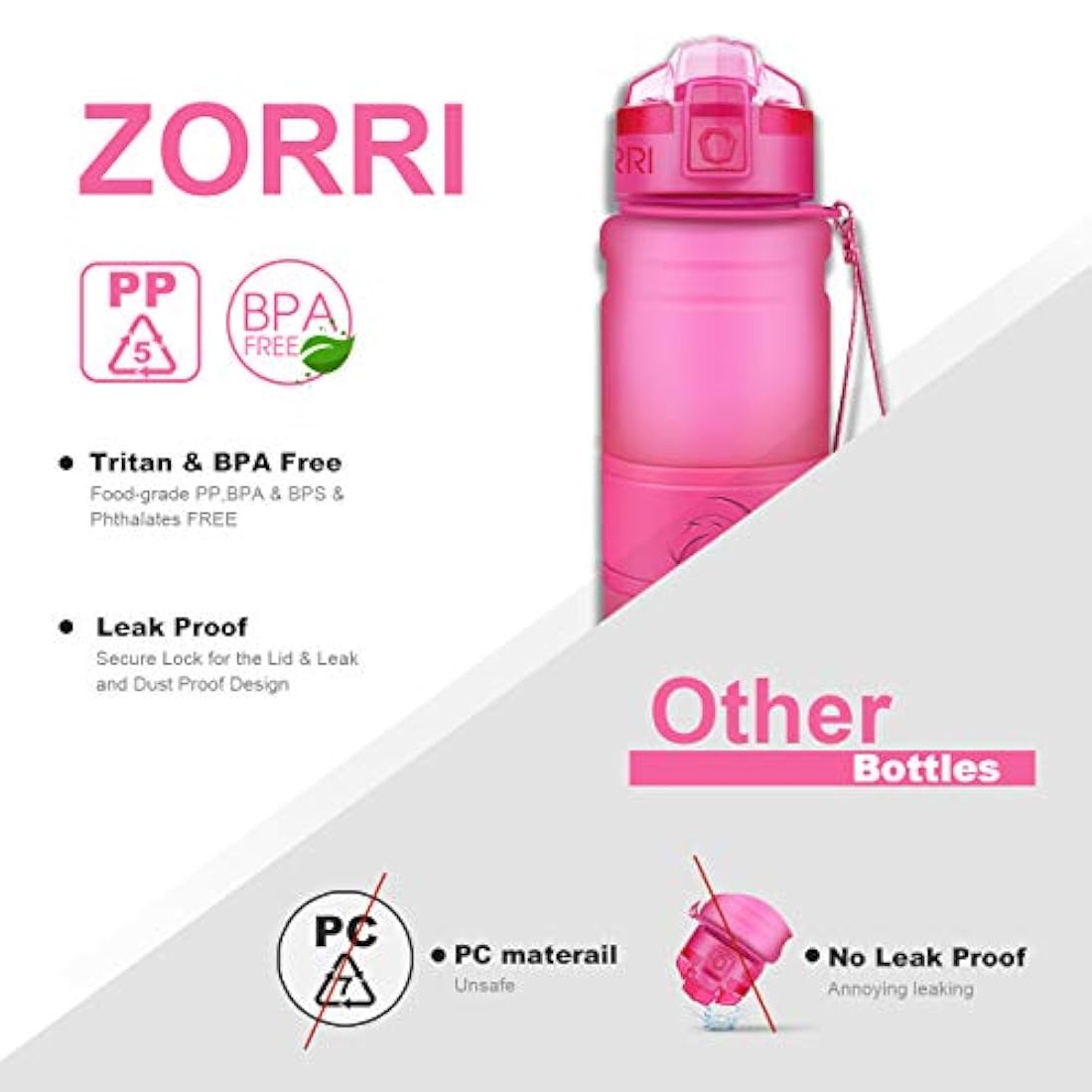 Botella de agua deportiva Zorri, 13.5, 17, 23.6 onzas, sin BPA, prueba de fugas, ligera, para exteriores, campamento, ciclismo, fitness, gimnasio, yoga, niños, adultos, botellas de bebida con filtro, tapa abierta con cerradura