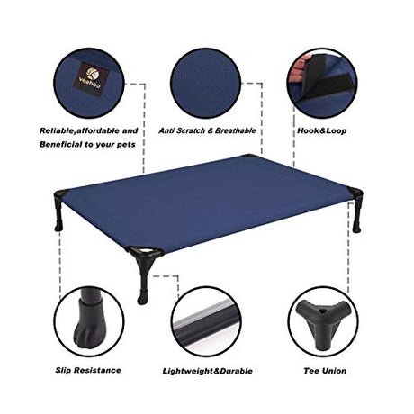 Veehoo - Cama elevada para perros, catre elevado portátil, alfombrilla impermeable y transpirable, tela de malla de textileno duradero, pies antideslizantes, uso en interiores o exteriores, S, Malla azul.