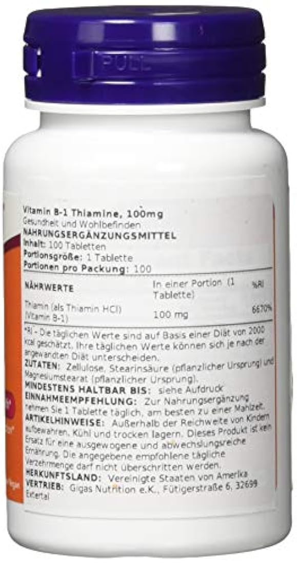 Suplementos NOW, Vitamina B-1 100 mg, Producción Energética*, Salud del Sistema Nervioso*, 100 comprimidos