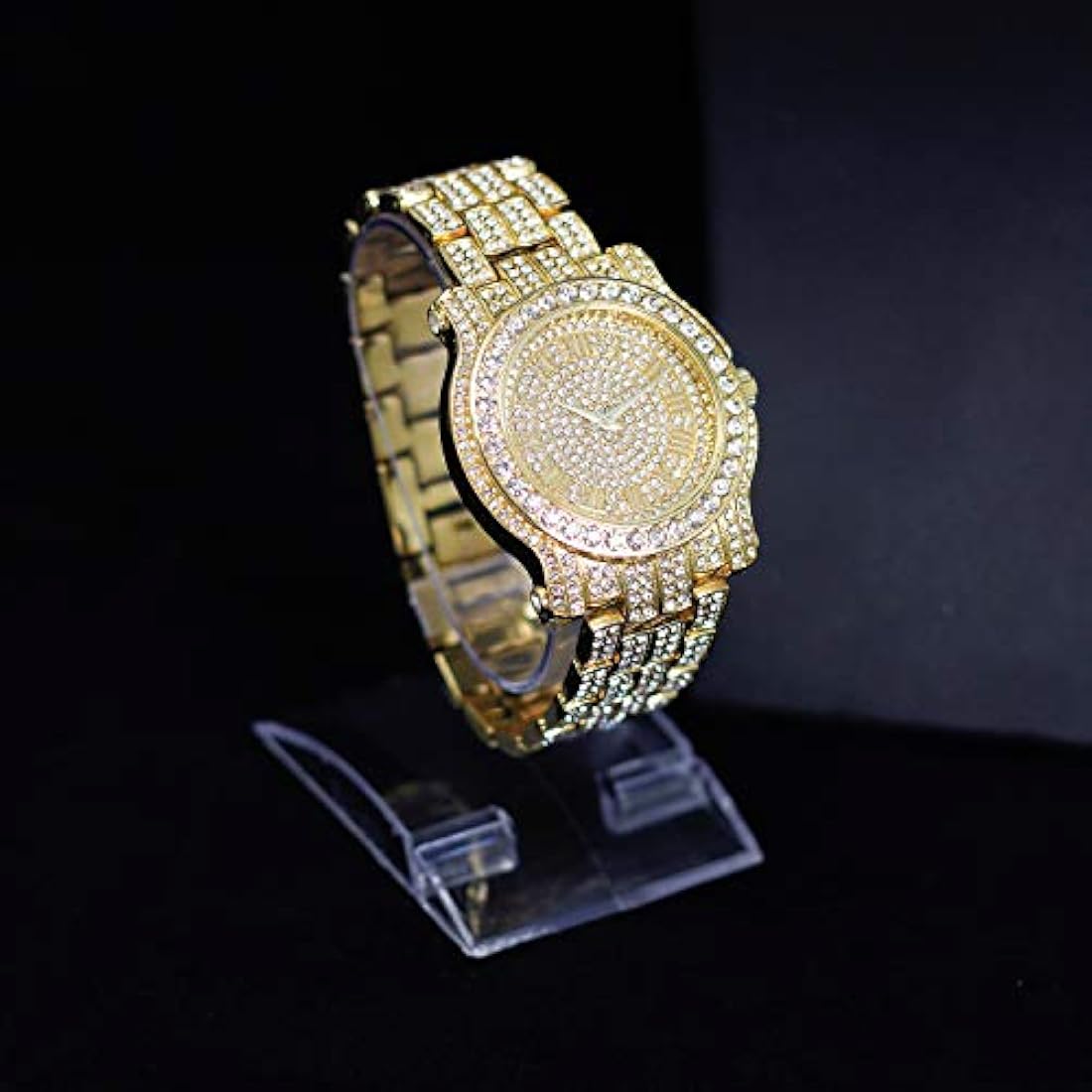 Reloj para hombre de 45 mm con diamantes helados con circonita cúbica y correa de metal brillante, movimiento de cuarzo, tamaño ajustable
