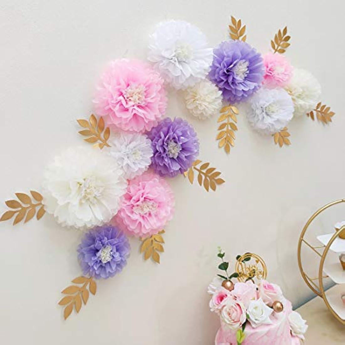 Paquete de 12 flores de papel de seda de color rosa y blanco