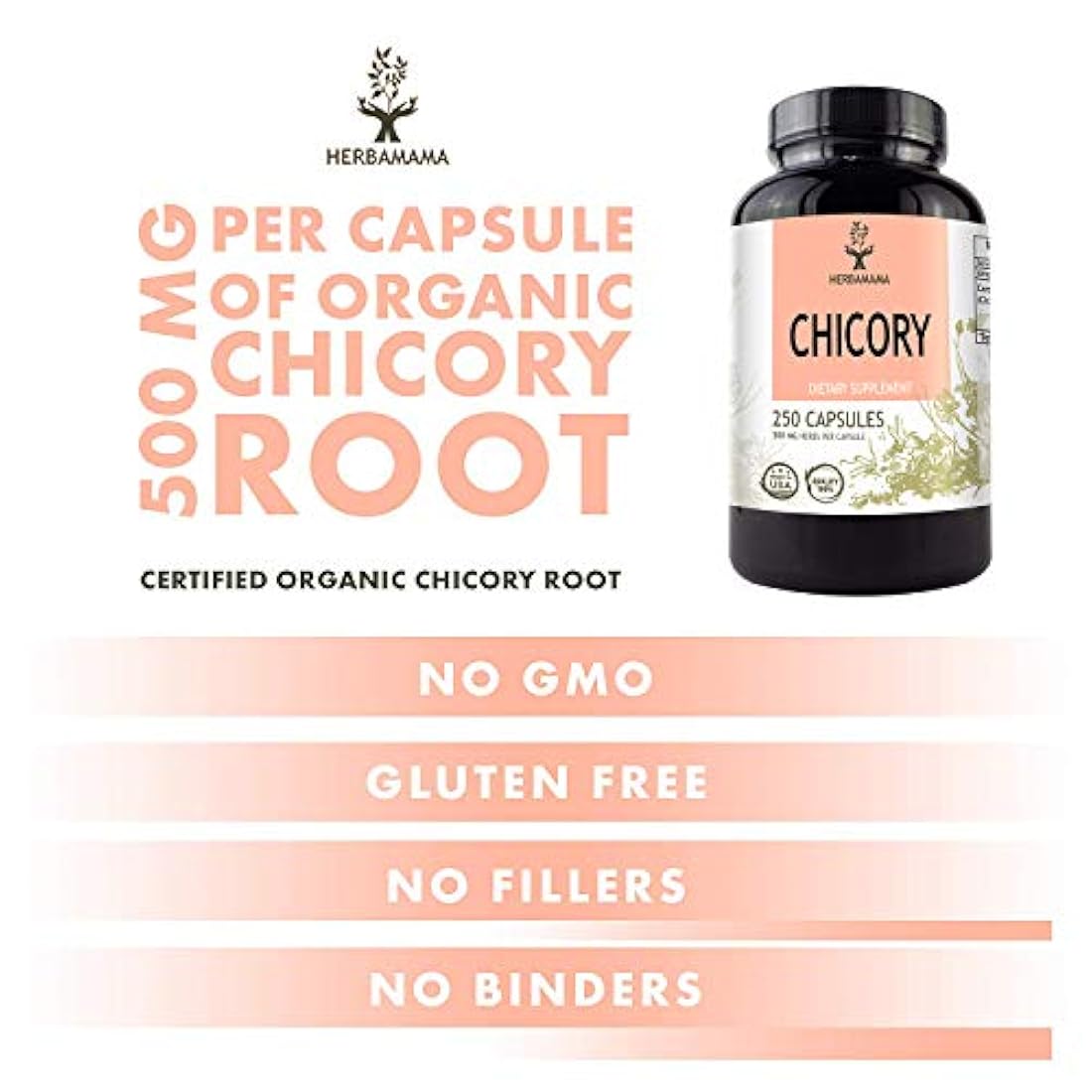 Achicoria 250 Cápsulas 500 mg Relleno con raíz de achicoria