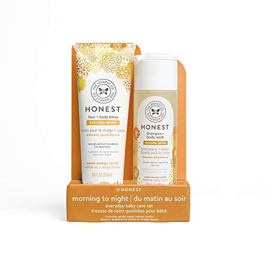 The Honest Company 2Piece Everyday Gentle Sweet Orange Vanilla Shampoo and Body Wash 10 Fl Oz Face and Body Lotion 8.5 Fl Oz Tear Free Naturally Derived Ingredients, Sulfate and Paraben Free Baby Bath