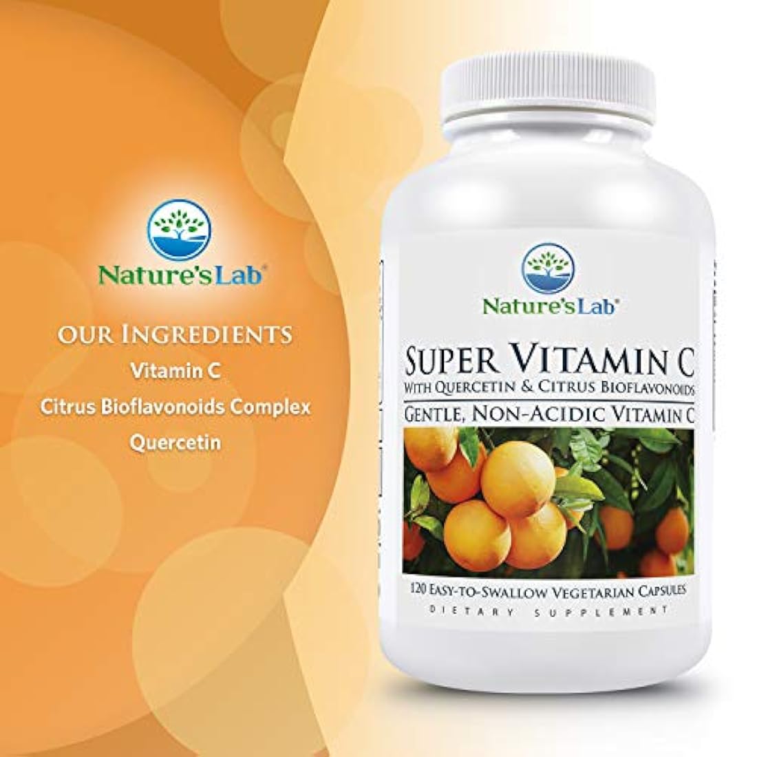Nature's Lab Super Vitamin C - 1000mg as Calcium Ascorbate - 120 Count (60 Day Supply) Gentle, Non Acidic 200mg Quercetin and 200mg Citrus Bioflavonoids Non GMO, Gluten Free, Lab Tested Made in The US