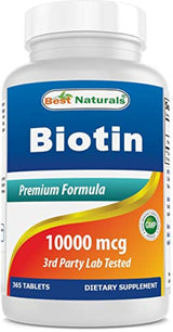 Best Naturals Biotina (también llamada vitamina B7), 10.000 mcg, 365 días de suministro (1 año de suministro), 365 tabletas