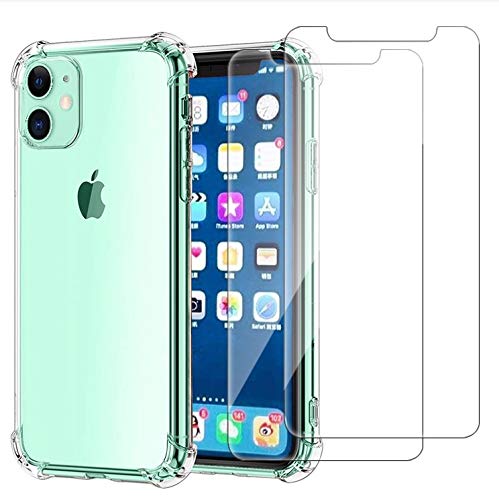Cavie Brands Funda transparente para iPhone 11 con 2 protectores de pantalla, máxima protección de absorción de golpes, funda transparente para iPhone 11, compatible con Apple iPhone 11