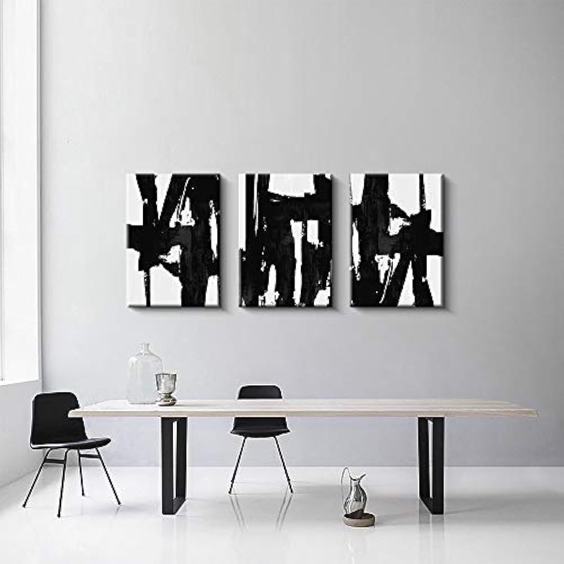 3 Paneles Negro y Blanco Abstracto Lienzo Pintado