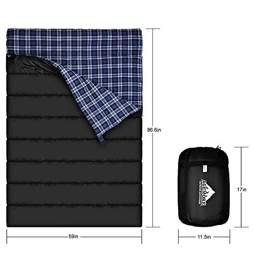 Saco de dormir doble de franela de algodón para camping, mochileros o senderismo. Saco de dormir impermeable para 2 personas para adultos o adolescentes. Camión, tienda de campaña o almohadilla de dormir, ligero (almohadas no incluidas)
