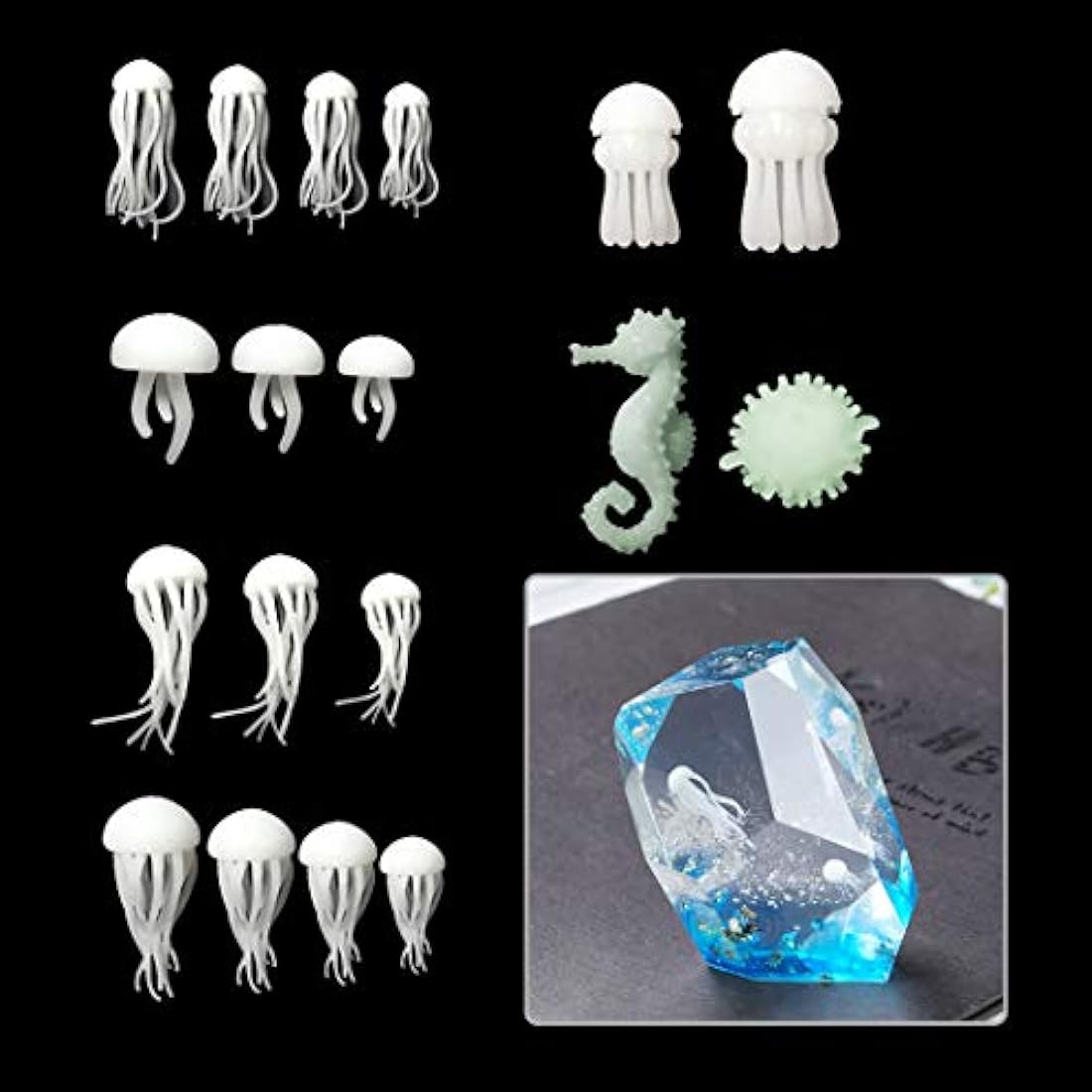 iSuperb - 18 moldes de resina epoxi para rellenar minicamelipes, caballitos de mar, peces de búfalo, para hacer joyas, manualidades, color blanco