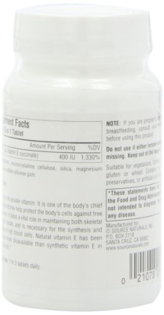 Source Naturals Vitamina E, 400 iu, antioxidante soluble en grasa, 50 tabletas