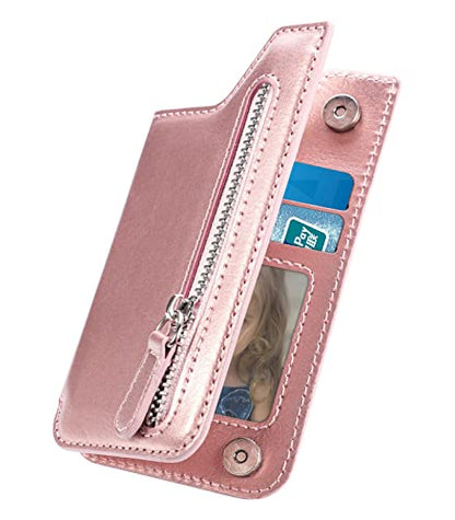 TopFunny Cartera adhesiva para funda de teléfono, tarjetero adhesivo para la parte posterior de las fundas de teléfono, cuero con cremallera, bolsillo compatible con iPhone, Samsung Galaxy la mayoría de los smartphones, oro rosa