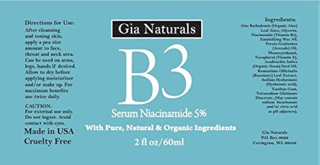 Crema serum pura orgánica, natural Vitamina B3, niacinamida 5 % Antiedad, repara la piel, reduce las arrugas, iguala el tono, combate el acné, disminuye los poros, fomenta la formación de colágeno, fabricada en EE. UU., no testeada en animales, 1