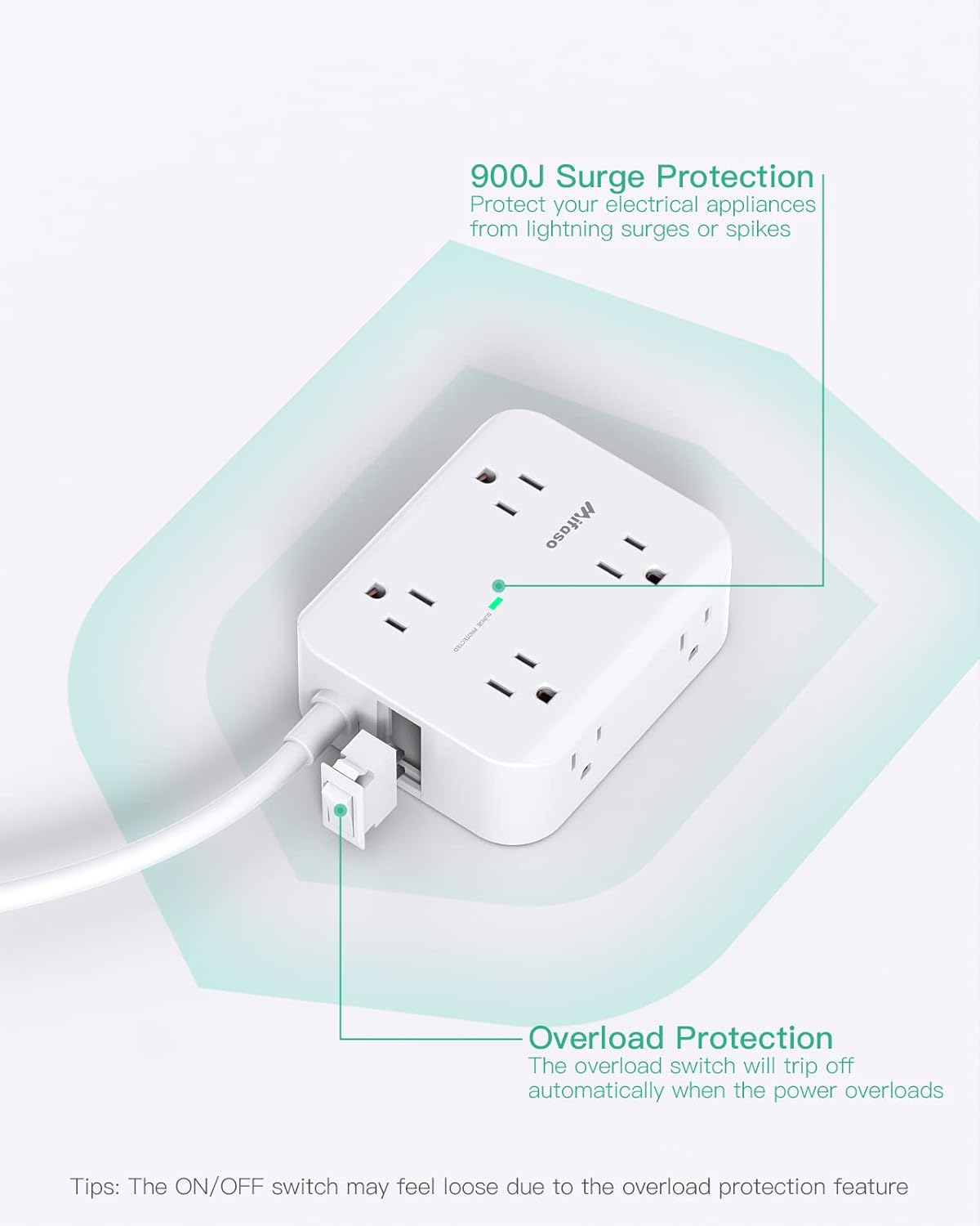 Regleta protectora contra sobretensiones, plano, 8 tomas
