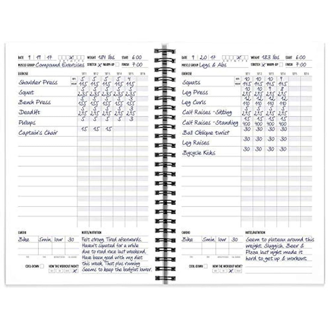 Libro de registro de entrenamiento y agenda de ejercicios