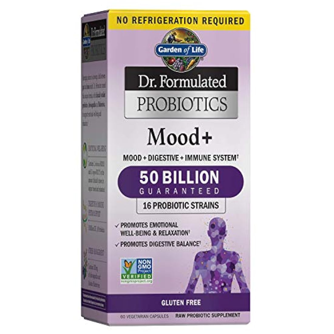 Probióticos y suplementos para el humor Garden of Life. Suplementos Mood+ marca Dr. Formulated para mejorar la salud digestiva y estomacal, almacenables a temperatura ambiente (60 cápsulas)