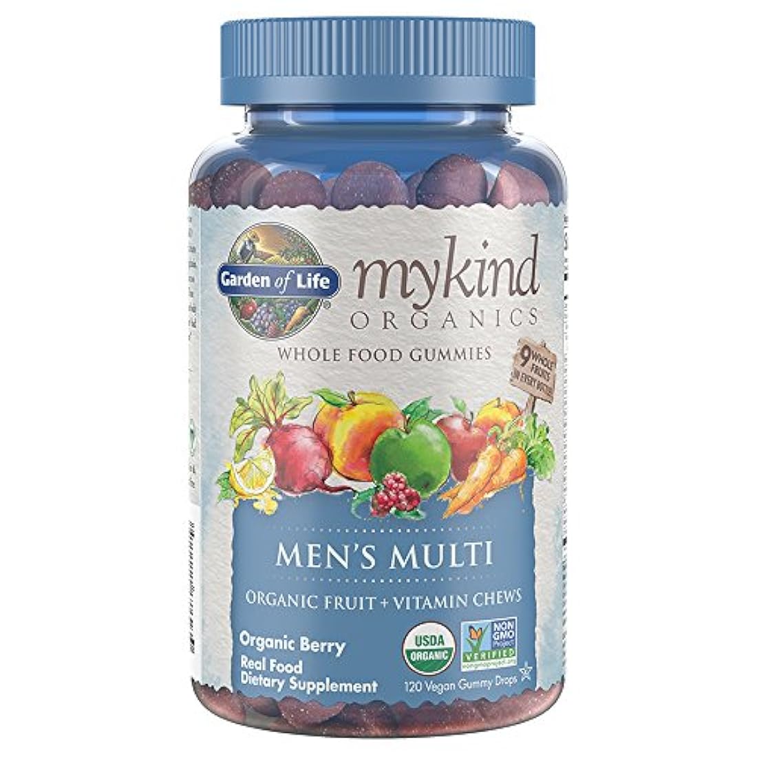 Garden of Life – Mykind Organics Hombres Gummy Vitaminas – Berry – Certificado orgánico, sin OMG, vegano, Kosher completo Multi – Methyl B12, C & D3 – sin gluten, soja y lácteos – 120 gomas de mascar de frutas reales