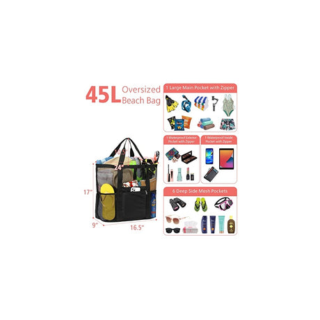 Bolsa de playa en malla con 9 bolsillos de color negro