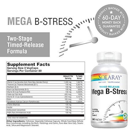 Solaray Mega Vitamina B-Stress, liberación de tiempo de dos etapas | especialmente formulado con vitaminas complejas con B para apoyo al estrés | sin OMG | Vegano | 240 pestañas