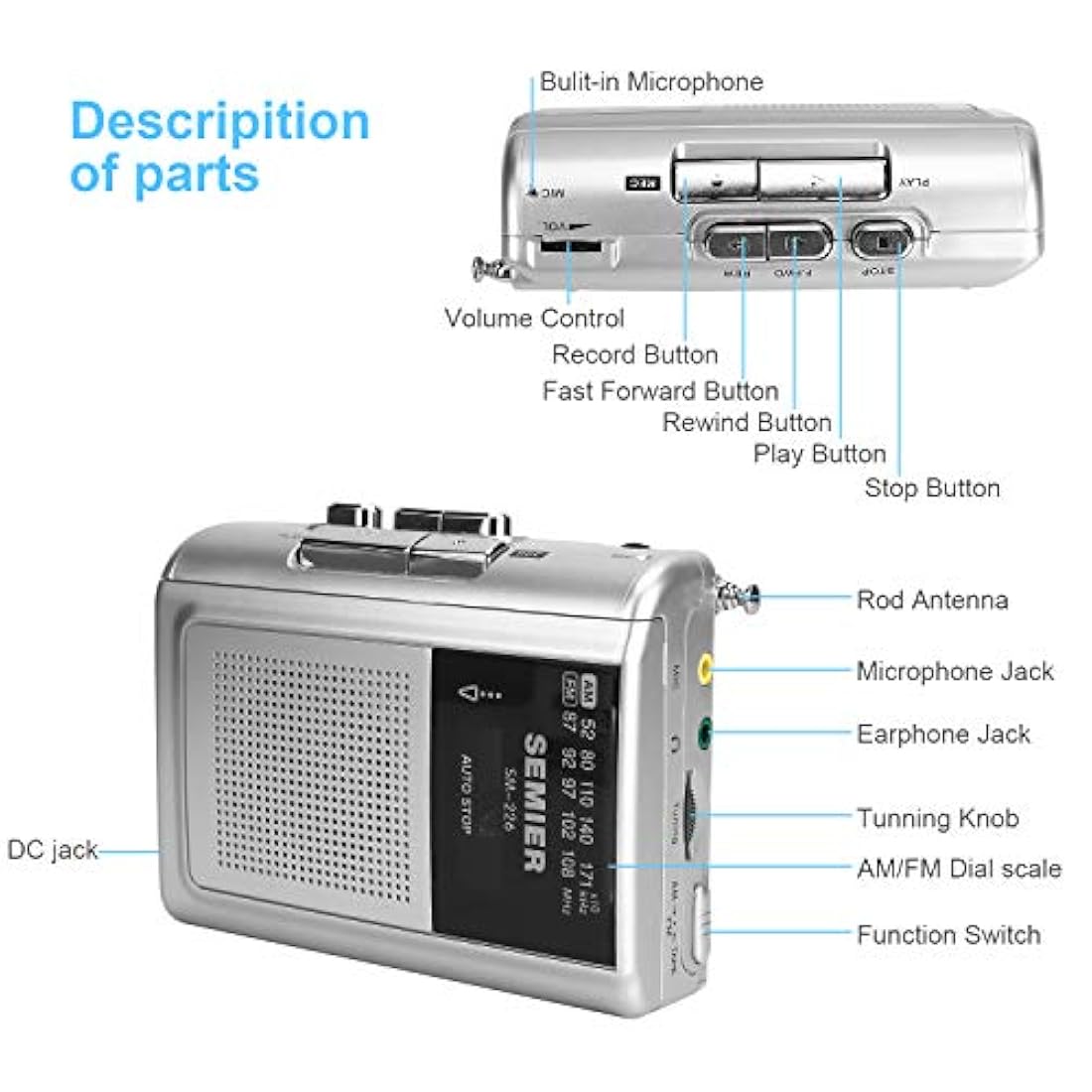 Walkman portátil con radio AM/FM, estéreo, color plateado