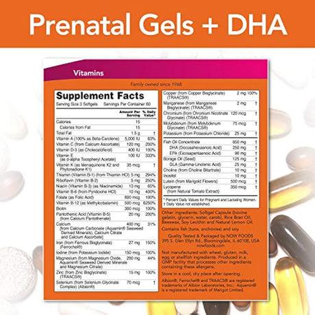 Now Foods Prenatal Gels + DHA with 250 mg DHA per Serving, Plus Borage Oil (GLA), 180 Softgels