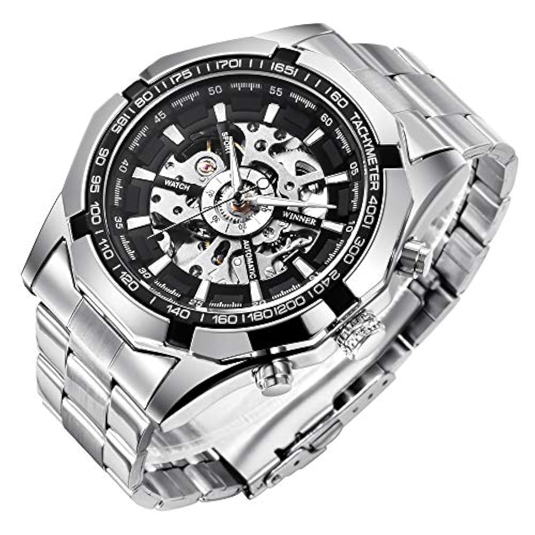 Relojes para hombre, esqueleto mecánico de acero inoxidable