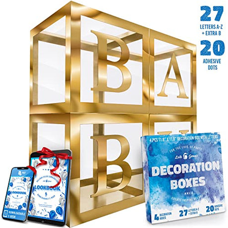 Cajas de globos transparentes doradas con 27 letras – Decoración de baby shower para bebé niño o niña – primer cumpleaños, despedida de soltera, decoración de fiesta de revelación de género – Regalos reutilizables en caja de regalo