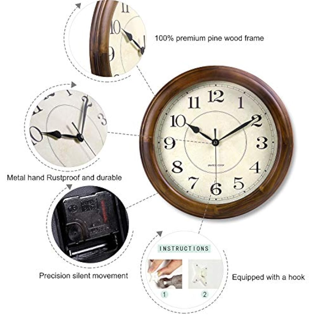 Reloj de pared de madera de 14.0 in, silencioso