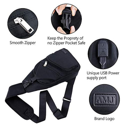 Morral cruzado con cable USB para senderismo Negro, Amj