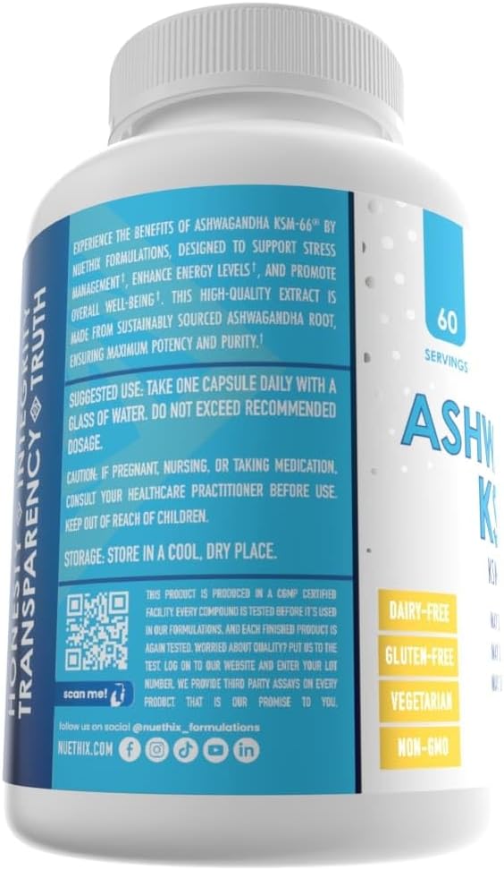 Suplemento de Ashwagandha KSM 66, NuEthix, 500mg, 60 Serv.