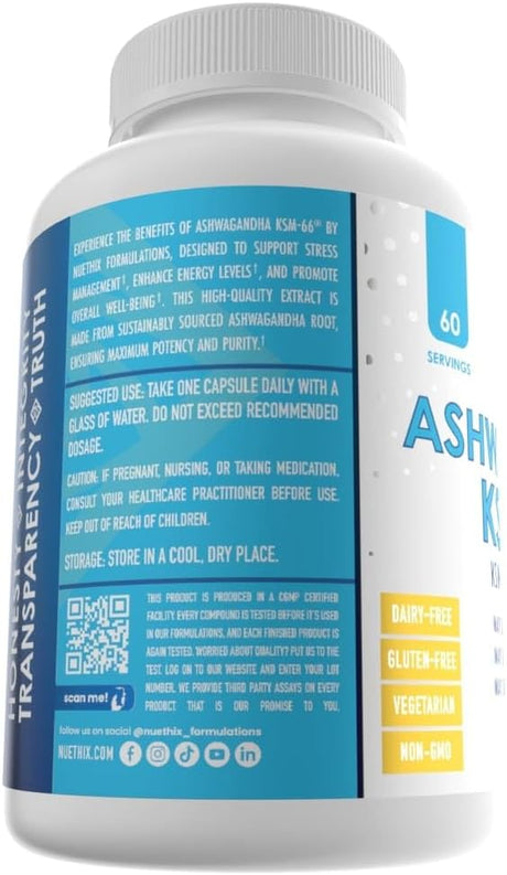 Suplemento de Ashwagandha KSM 66, NuEthix, 500mg, 60 Serv.