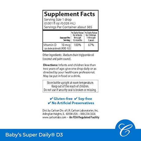 Super Daily D3, Bebé Vitamina D Gotas, 400 UI (10 mcg)